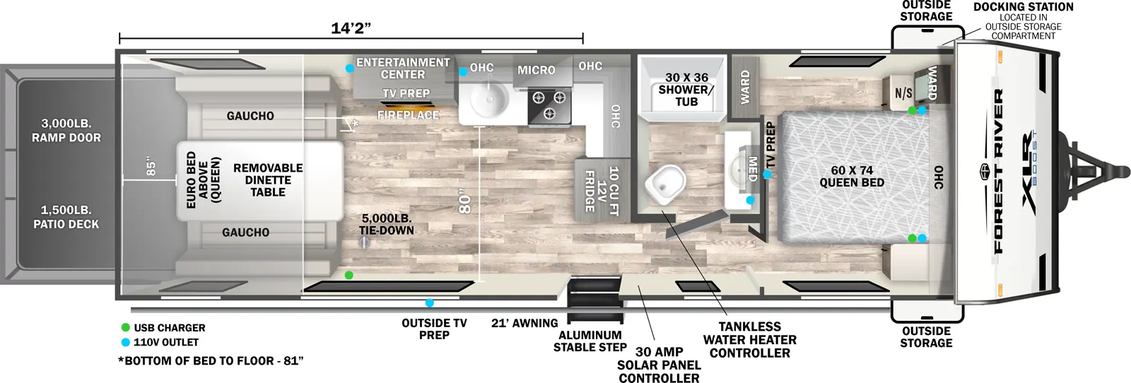 The XLR Boost 2714B floorplan is a toy hauler that has one entry and zero slide outs. Exterior features include: fiberglass exterior, 21' awning and  outside entertainment. Interiors features include: front bedroom.